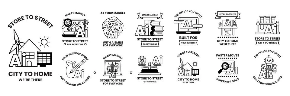 Set of illustrations in AI or artificial intelligence in everyday life conc.. Stock Illustration
