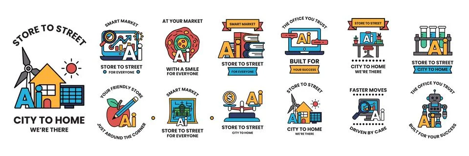 Set of illustrations in AI or artificial intelligence in everyday life conc.. Stock Illustration