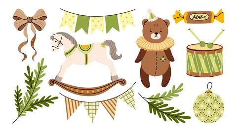 Set of illustrations and stickers of New Year and Christmas toys and decorations Stock Illustration