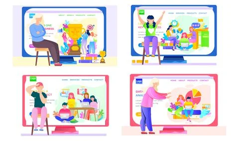 Set of illustrations on the app for online learning and data analysing. People Illustrazione stock
