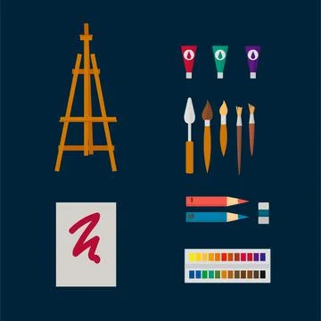 A set of Illustrations of the artist's tools. A set for drawing, watercolor Stock Illustration