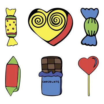 Set of Illustrations of Assorted Multicolored Sweets and Candies. Stock Illustration