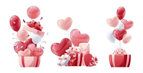 Set of illustrations of balloons with gift boxes on white background. Suita.. Stock Illustration