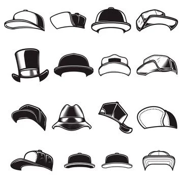 Set of illustrations of baseball caps. Design element for logo, emblem, sign, Stock Illustration