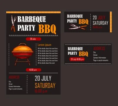 Set of illustrations of a bbq menu template, invitation card on a barbecue, gift Stock Illustration