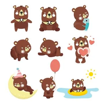 Set of illustrations with bears. Different poses. Stock Illustration
