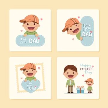 Set of illustrations of a boy congratulating his father on Fathers Day Stock Illustration