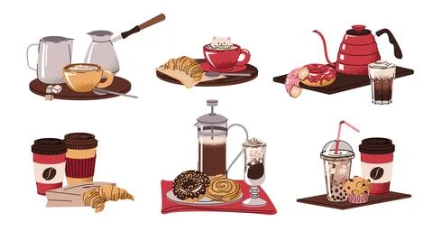 Set of illustrations of breakfast with coffee in flat doodle style. Coffee .. Stock Illustration