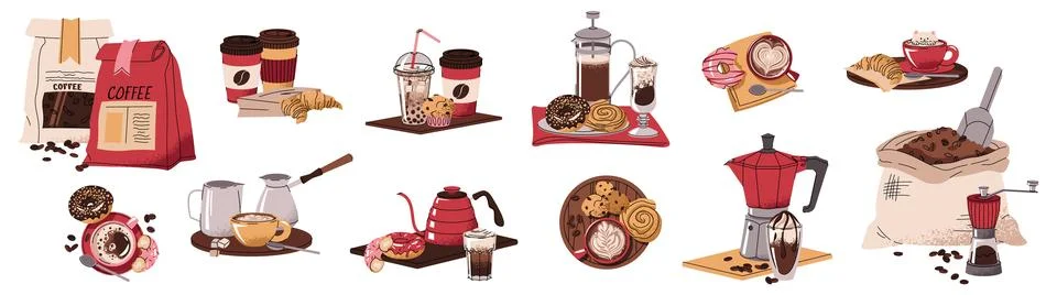 Set of illustrations of breakfast with coffee in flat doodle style. Coffee .. Stock Illustration