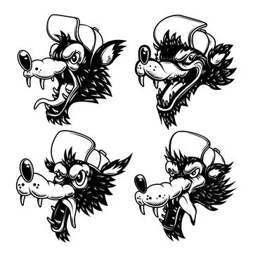 Set of illustrations of cartoon wolf in baseball hat. Design element for logo イラスト素材