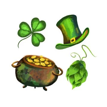 Set of illustrations for celebrating St. Patrick s Day. Leprechaun hat, pot of Stock Illustration