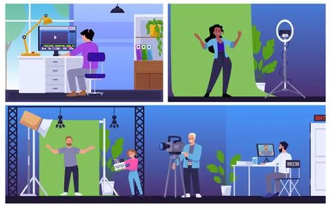 A set of illustrations with characters creating and editing videos. Stock Illustration