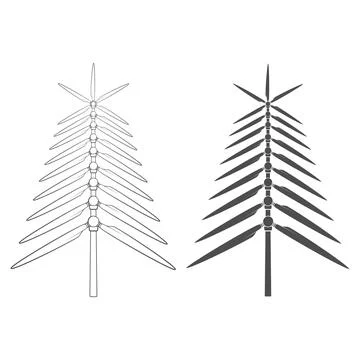 Set of illustrations with Christmas tree made of propellers, wind turbine. Stock Illustration