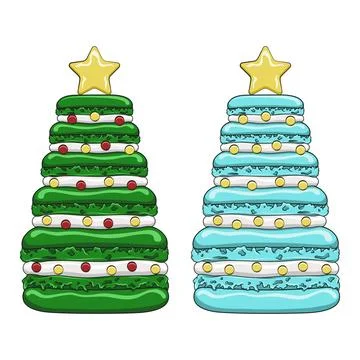 Set of illustrations with Christmas tree made of dessert macaroons Stock Illustration