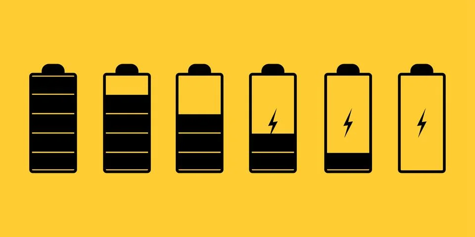 Set of illustrations comparing full and low battery. Black and Yellow color Illustrazione stock