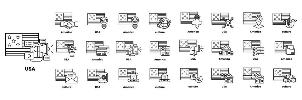 Set of illustrations in the concept of American flags and things in line ar.. イラスト素材