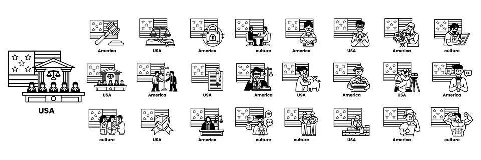 Set of illustrations in the concept of American flags and things in line ar.. Stock Illustration