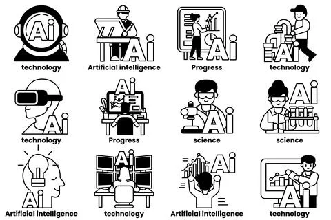 Set of illustrations in the concept of Artificial Intelligence and things i.. 스톡 일러스트