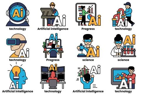 Set of illustrations in the concept of Artificial Intelligence and things i.. Illustrazione stock