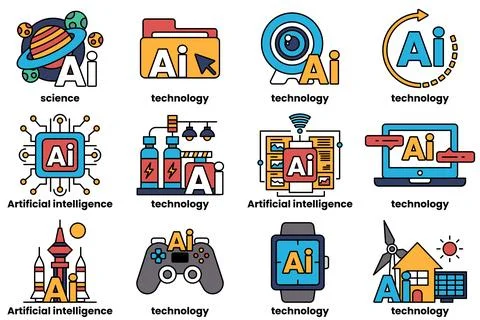 Set of illustrations in the concept of Artificial Intelligence and things i.. Stock Illustration