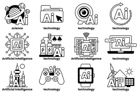 Set of illustrations in the concept of Artificial Intelligence and things i.. Stock Illustration