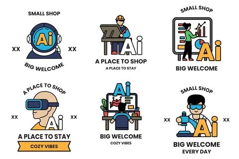 Set of illustrations in the concept of Artificial Intelligence in line art .. 스톡 일러스트