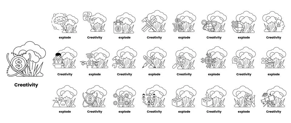 Set of illustrations in the concept of bombs and creativity in a line style Stock Illustration