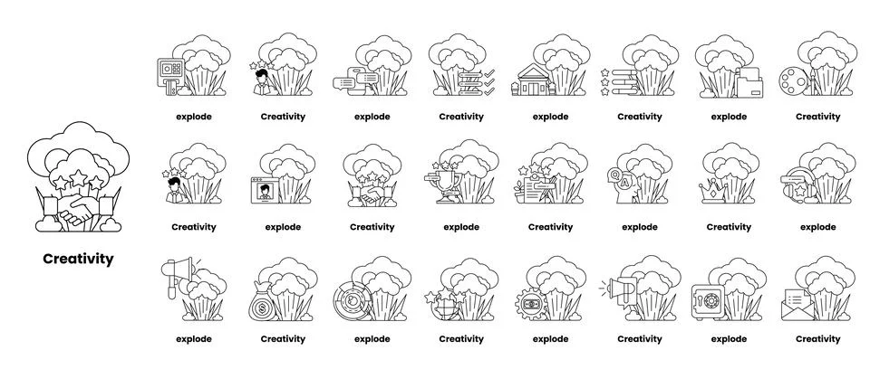 Set of illustrations in the concept of bombs and creativity in a line style Stock Illustration