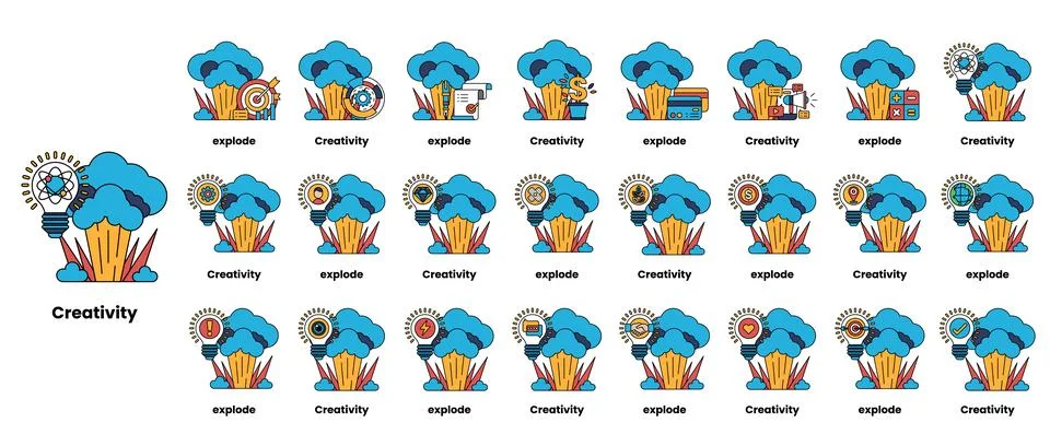 Set of illustrations in the concept of bombs and creativity in a line style Stock Illustration