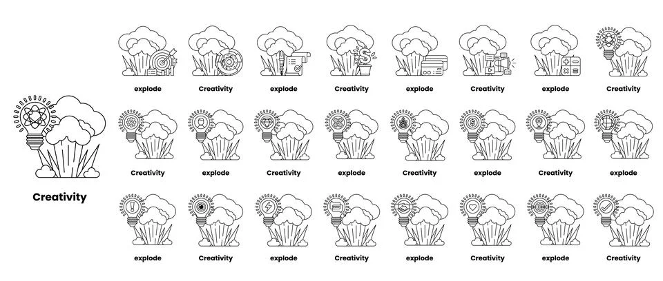 Set of illustrations in the concept of bombs and creativity in a line style Stock Illustration