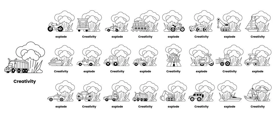 Set of illustrations in the concept of bombs and creativity in a line style Stock Illustration
