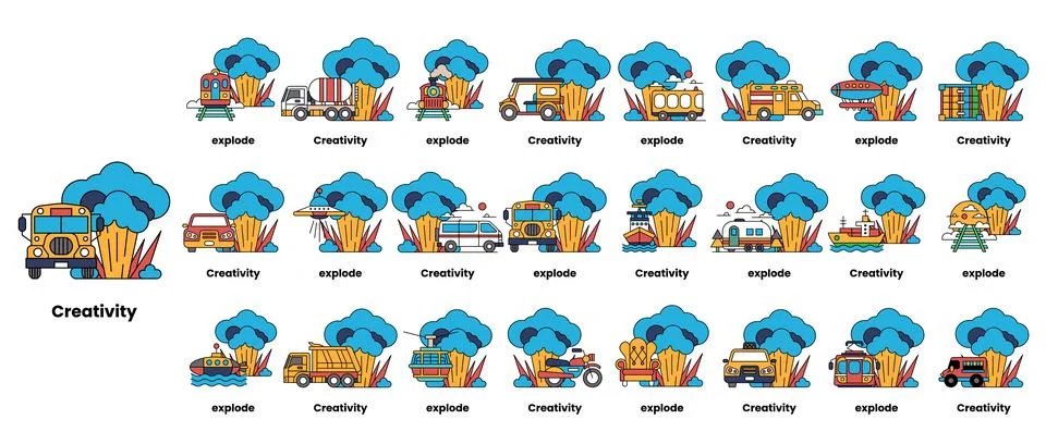Set of illustrations in the concept of bombs and creativity in a line style Stock Illustration
