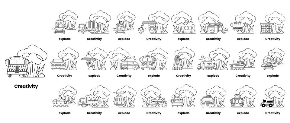 Set of illustrations in the concept of bombs and creativity in a line style Illustrazione stock