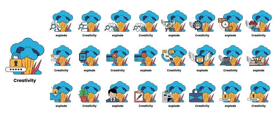 Set of illustrations in the concept of bombs and creativity in a line style Stock Illustration