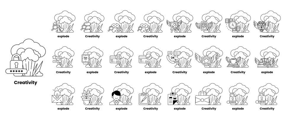 Set of illustrations in the concept of bombs and creativity in a line style Stock Illustration