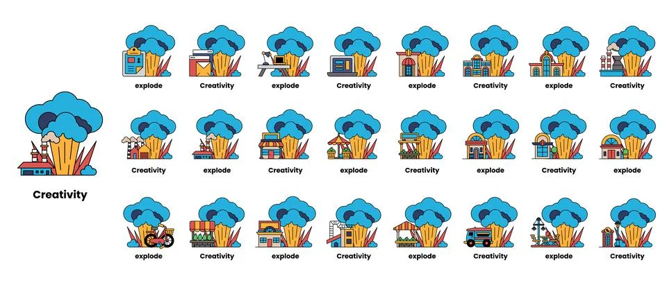 Set of illustrations in the concept of bombs and creativity in a line style Stock Illustration