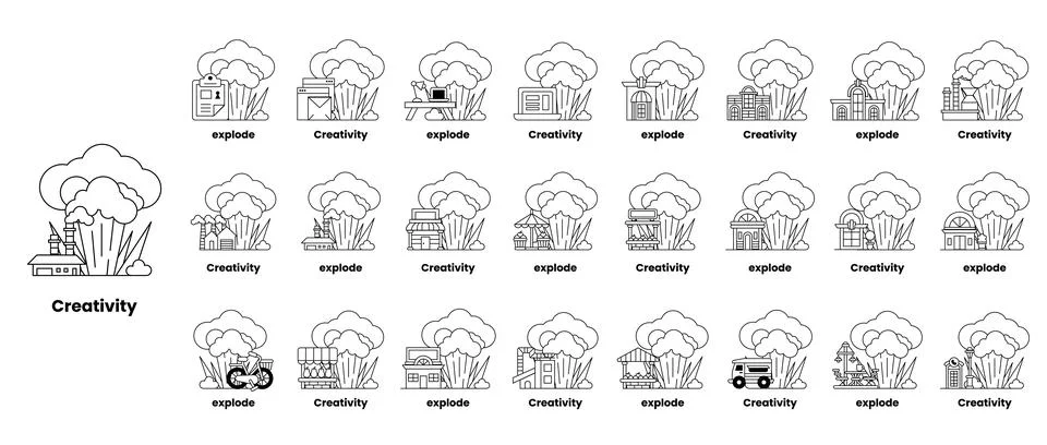 Set of illustrations in the concept of bombs and creativity in a line style Stock Illustration