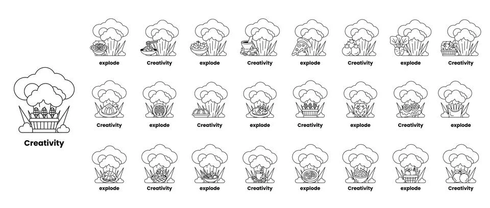 Set of illustrations in the concept of bombs and creativity in a line style Stock Illustration
