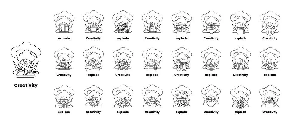 Set of illustrations in the concept of bombs and creativity in a line style Stock Illustration