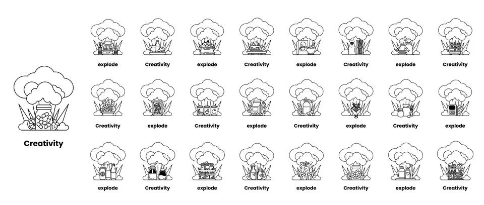 Set of illustrations in the concept of bombs and creativity in a line style Stock Illustration