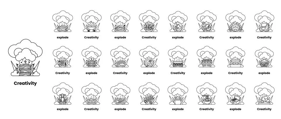 Set of illustrations in the concept of bombs and creativity in a line style Stock Illustration