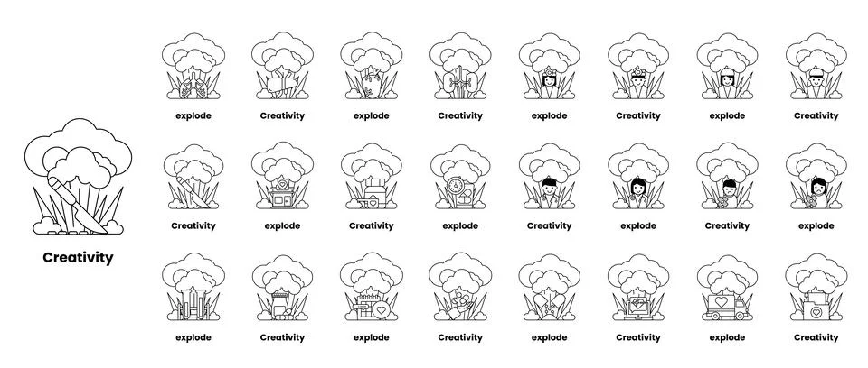 Set of illustrations in the concept of bombs and creativity in a line style Stock Illustration
