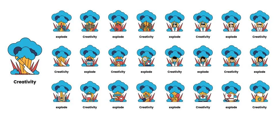 Set of illustrations in the concept of bombs and creativity in a line style Stock Illustration