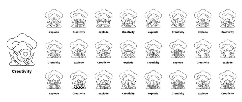 Set of illustrations in the concept of bombs and creativity in a line style Stock Illustration