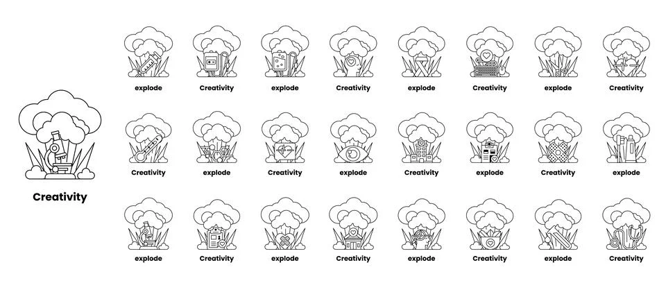 Set of illustrations in the concept of bombs and creativity in a line style Stock Illustration