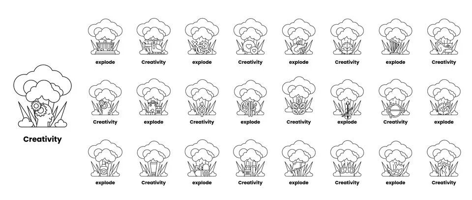 Set of illustrations in the concept of bombs and creativity in a line style Stock Illustration