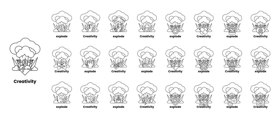 Set of illustrations in the concept of bombs and creativity in a line style Stock Illustration