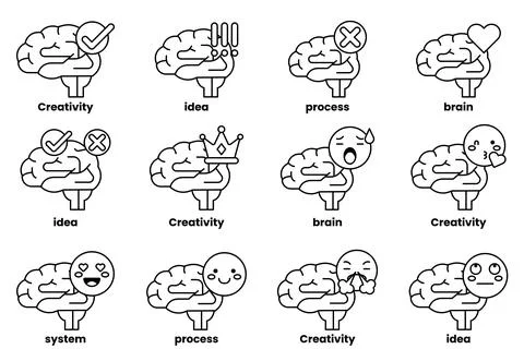 Set of illustrations in the concept of brain and things in line art style Stock Illustration