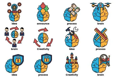 Set of illustrations in the concept of brain and things in line art style Stockillustratie