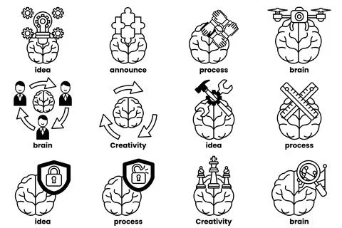 Set of illustrations in the concept of brain and things in line art style Stock Illustration